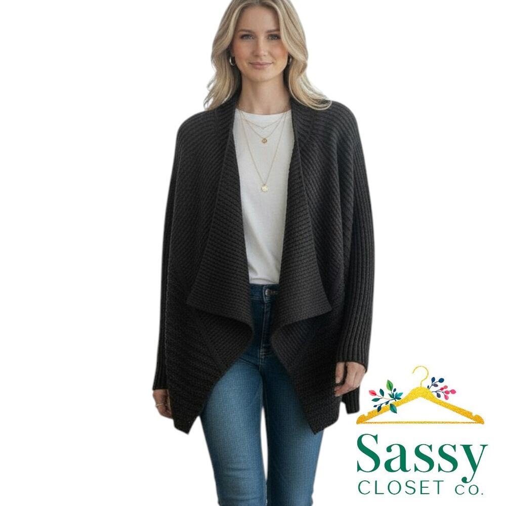 Ann Taylor Black Chunky Knit Open Cardigan Sweater Sz Large EUC